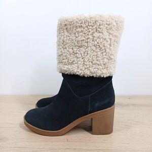 Charles by Charles David Black Faux Shearling Cuff Suede Block Heel Boots 395